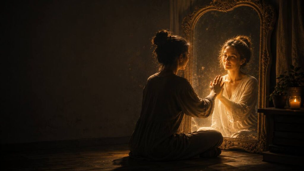 Persona sentada frente a un espejo en una habitación oscura, el reflejo brilla con luz dorada y una mano se extiende con ternura hacia el cristal, simbolizando el camino de la autocrítica a la autocompasión