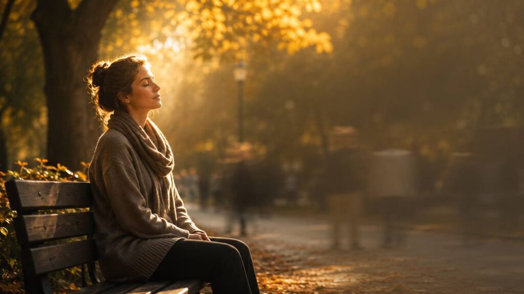 Mujer sentada en un banco en un parque otoñal, ojos cerrados, luz dorada atravesando las hojas, simbolizando mindfulness y presencia