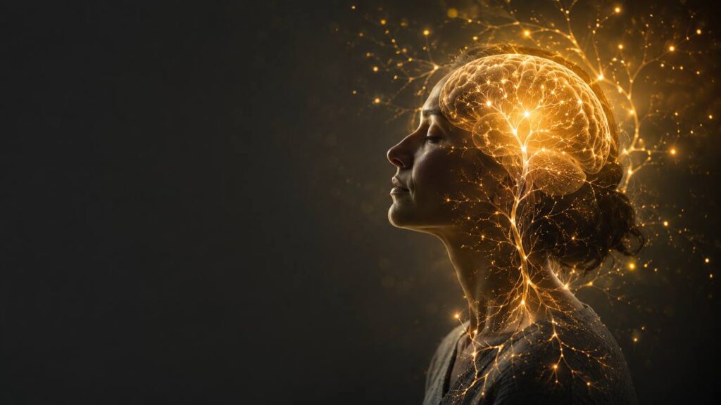 Silueta humana con el cerebro iluminado en dorado con conexiones neuronales brillantes, simbolizando la neuroplasticidad y la capacidad de cambio