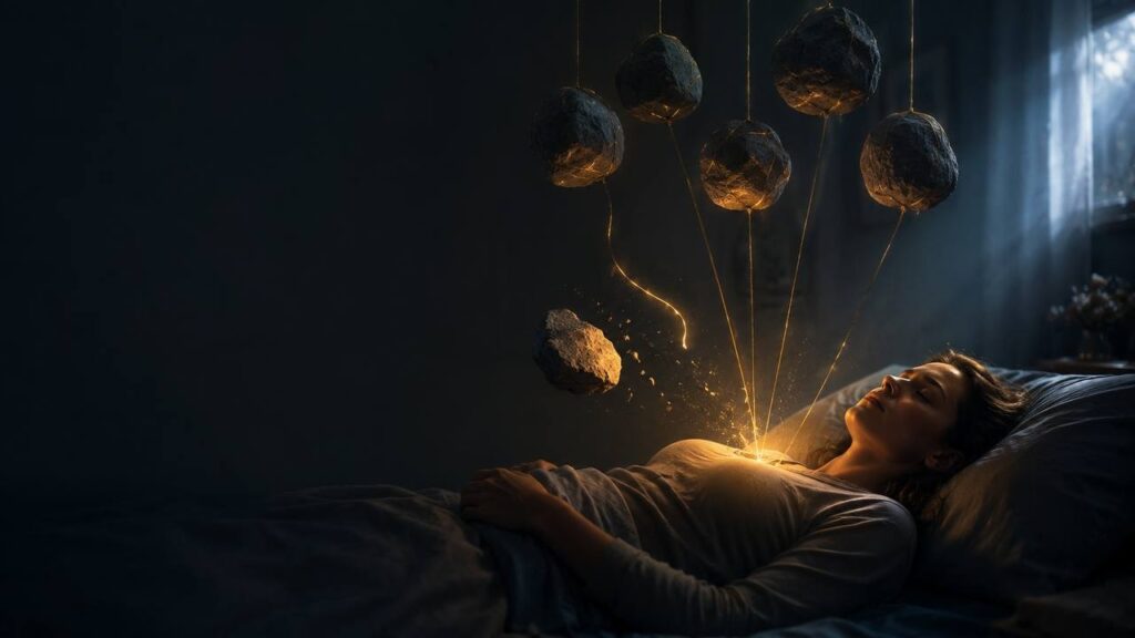 Mujer descansando en la cama con piedras flotando sobre su pecho conectadas por hilos de luz dorada, metáfora del agotamiento emocional que no se cura descansando