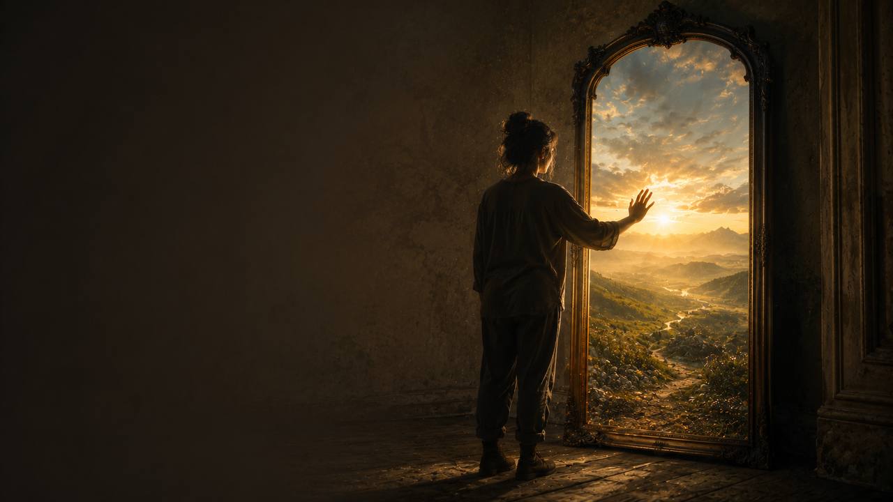 Persona en una habitación en penumbra frente a un espejo antiguo, cuyo reflejo muestra un paisaje abierto e infinito con luz dorada