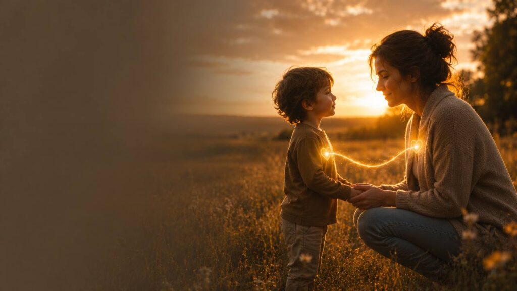 Adulto arrodillado frente a un niño en un campo iluminado por el sol, con un hilo dorado de luz conectando sus corazones
