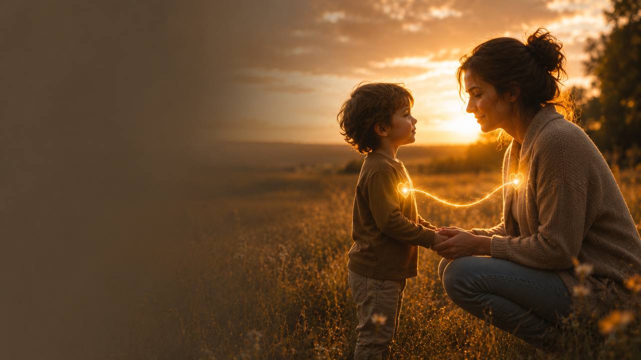 Adulto arrodillado frente a un niño en un campo iluminado por el sol, con un hilo dorado de luz conectando sus corazones
