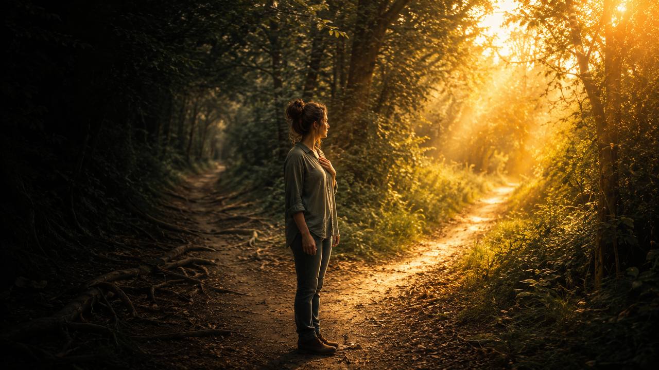 Mujer en una bifurcación del bosque, eligiendo el camino iluminado por la luz dorada, metáfora de la culpa al empezar a cuidarse