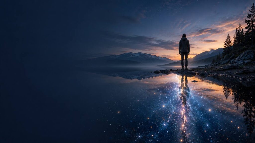 Silueta de persona al borde de un lago al atardecer, cuyo reflejo se transforma en un cosmos estrellado