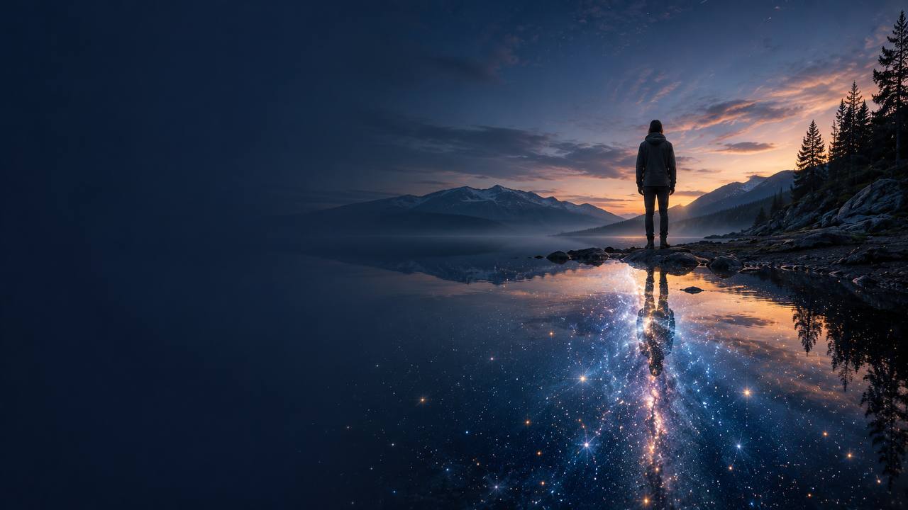 Silueta de persona al borde de un lago al atardecer, cuyo reflejo se transforma en un cosmos estrellado