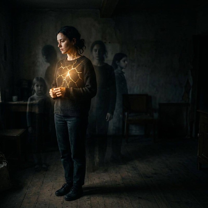 Persona con grietas doradas de luz en el pecho en una habitación oscura, simbolizando heridas emocionales que sanan