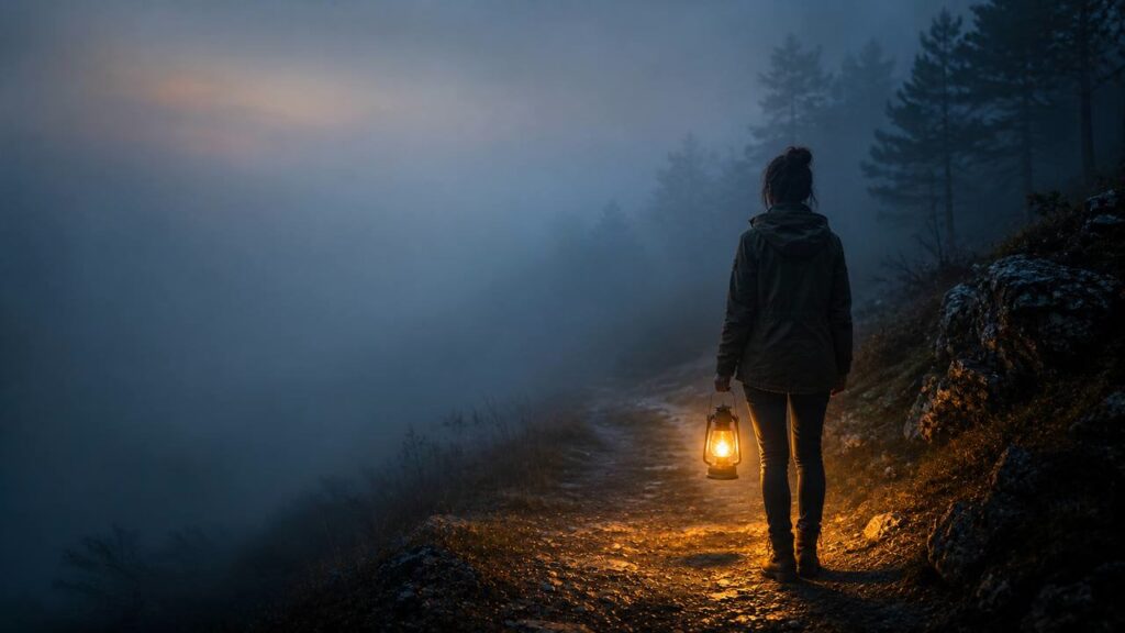 Persona con una linterna en la mano iluminando solo los primeros pasos de un sendero forestal cubierto de niebla, simbolizando la incertidumbre y la confianza en el camino