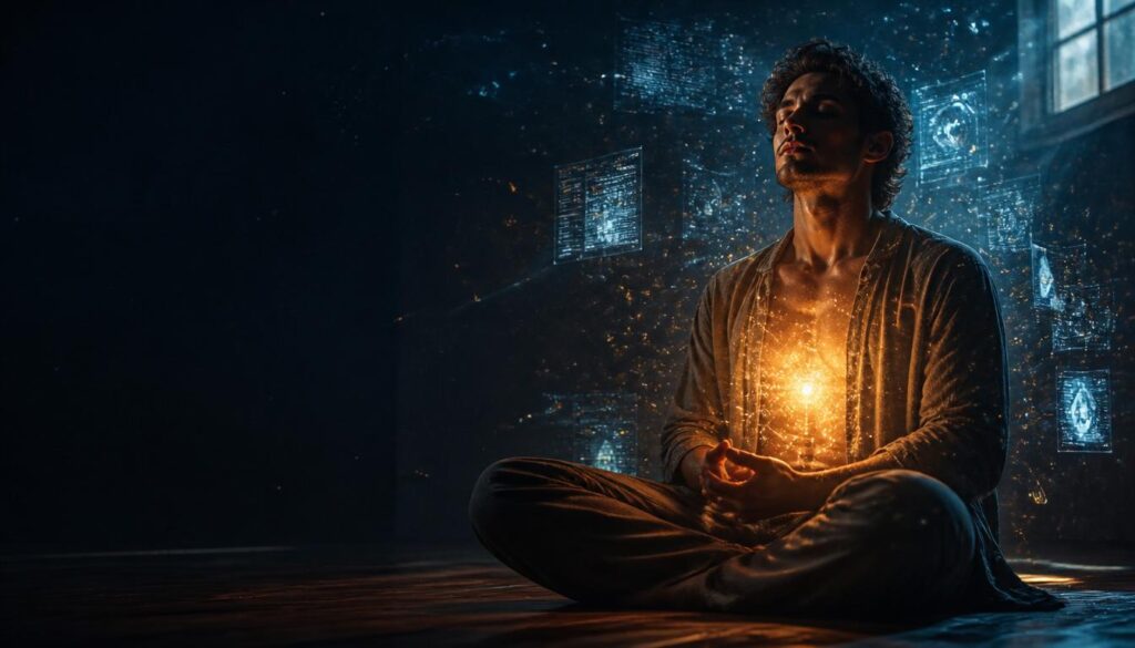 Persona con luz cálida en el pecho rodeada de elementos digitales fríos - metáfora visual de la humanidad frente a la inteligencia artificial
