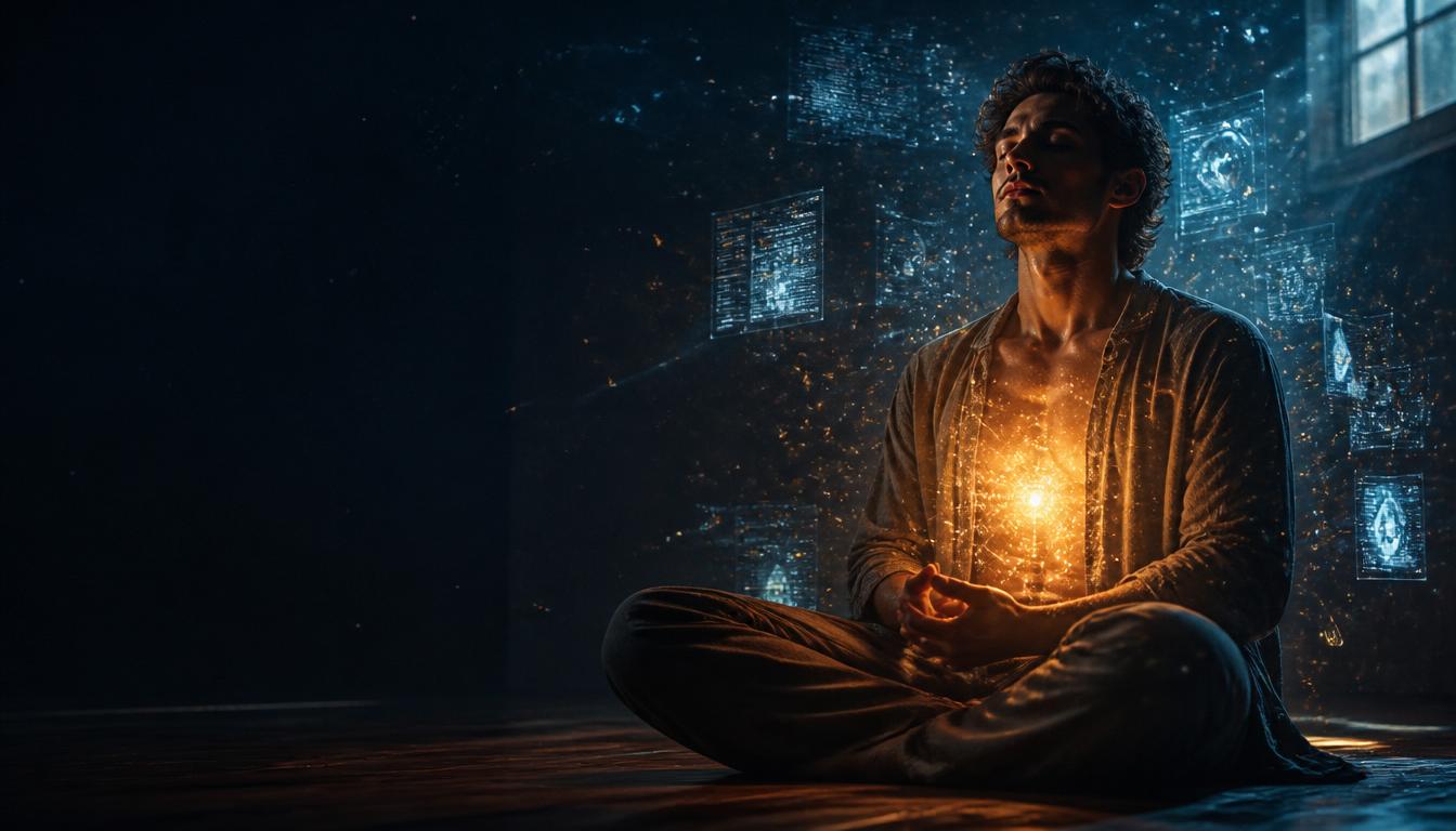 Persona con luz cálida en el pecho rodeada de elementos digitales fríos - metáfora visual de la humanidad frente a la inteligencia artificial
