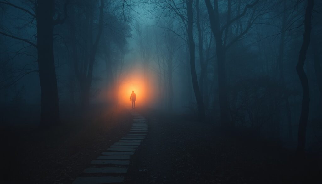 Camino en un bosque brumoso iluminado por luz dorada - metáfora visual del propósito de vida que se revela paso a paso