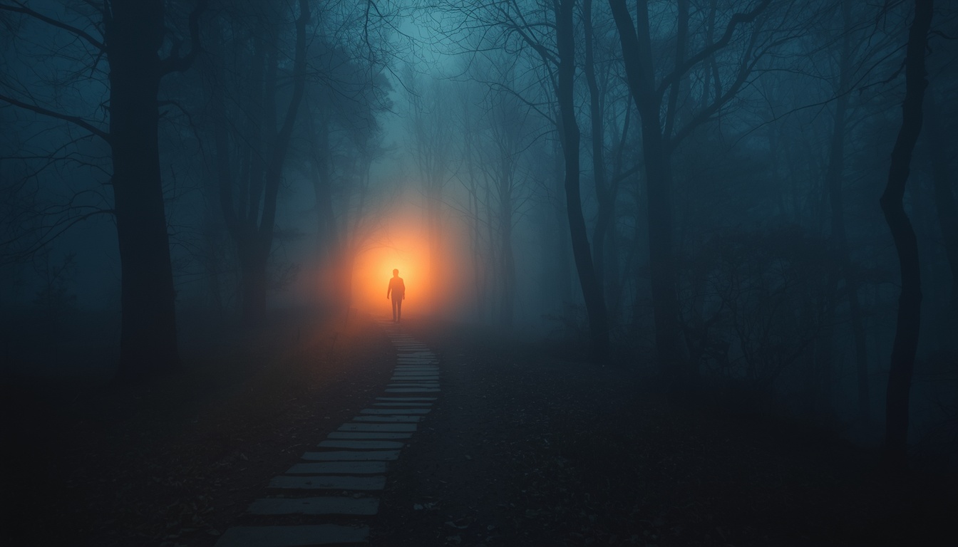 Camino en un bosque brumoso iluminado por luz dorada - metáfora visual del propósito de vida que se revela paso a paso