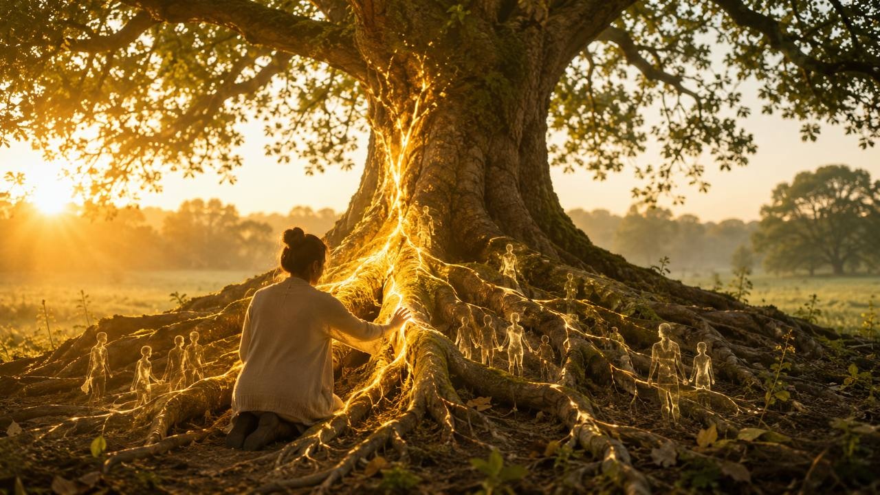 Árbol solitario con raíces profundas bajo un cielo dorado al atardecer, metáfora de la historia familiar y la sanación sistémica