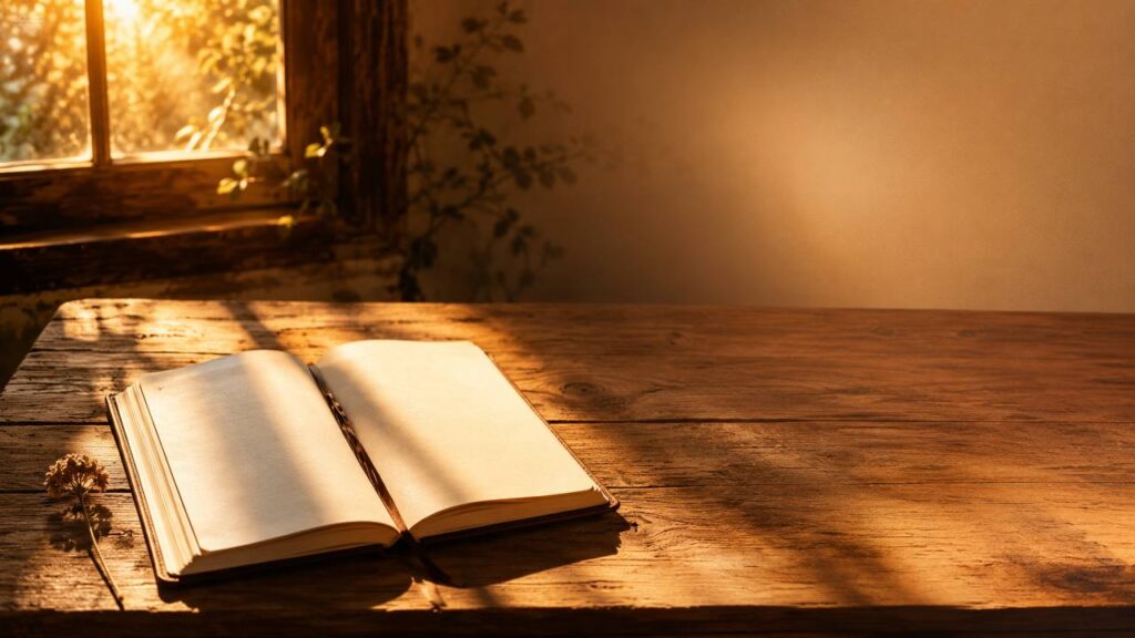 Cuaderno abierto sobre mesa de madera con luz dorada de atardecer y una flor seca