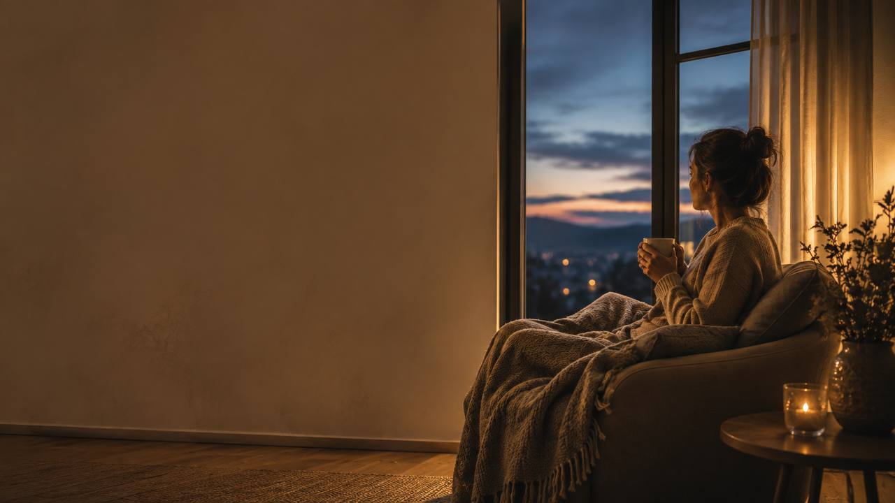 Mujer sola en un salón acogedor junto a una ventana al atardecer, luz dorada cálida, momento de soledad elegida en paz