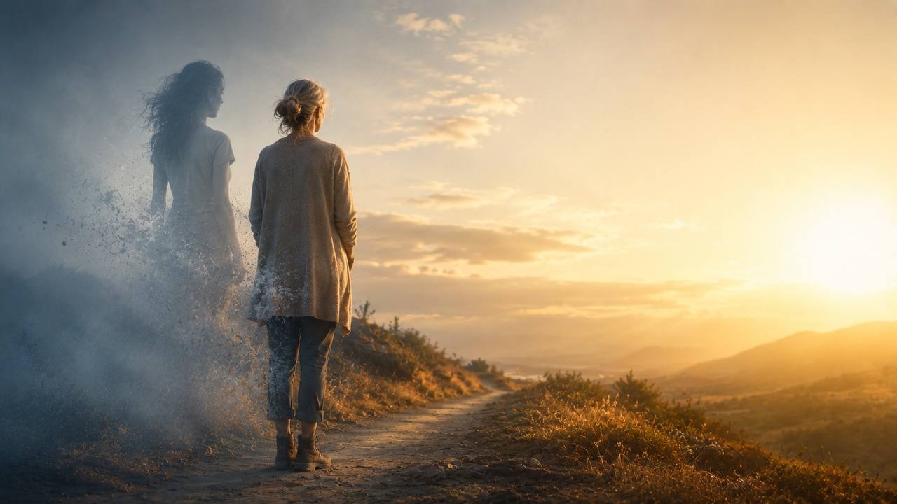 Mujer de espaldas al inicio de un camino que se abre hacia la luz dorada del amanecer, mientras la silueta de su yo más joven se disuelve en niebla azul-gris