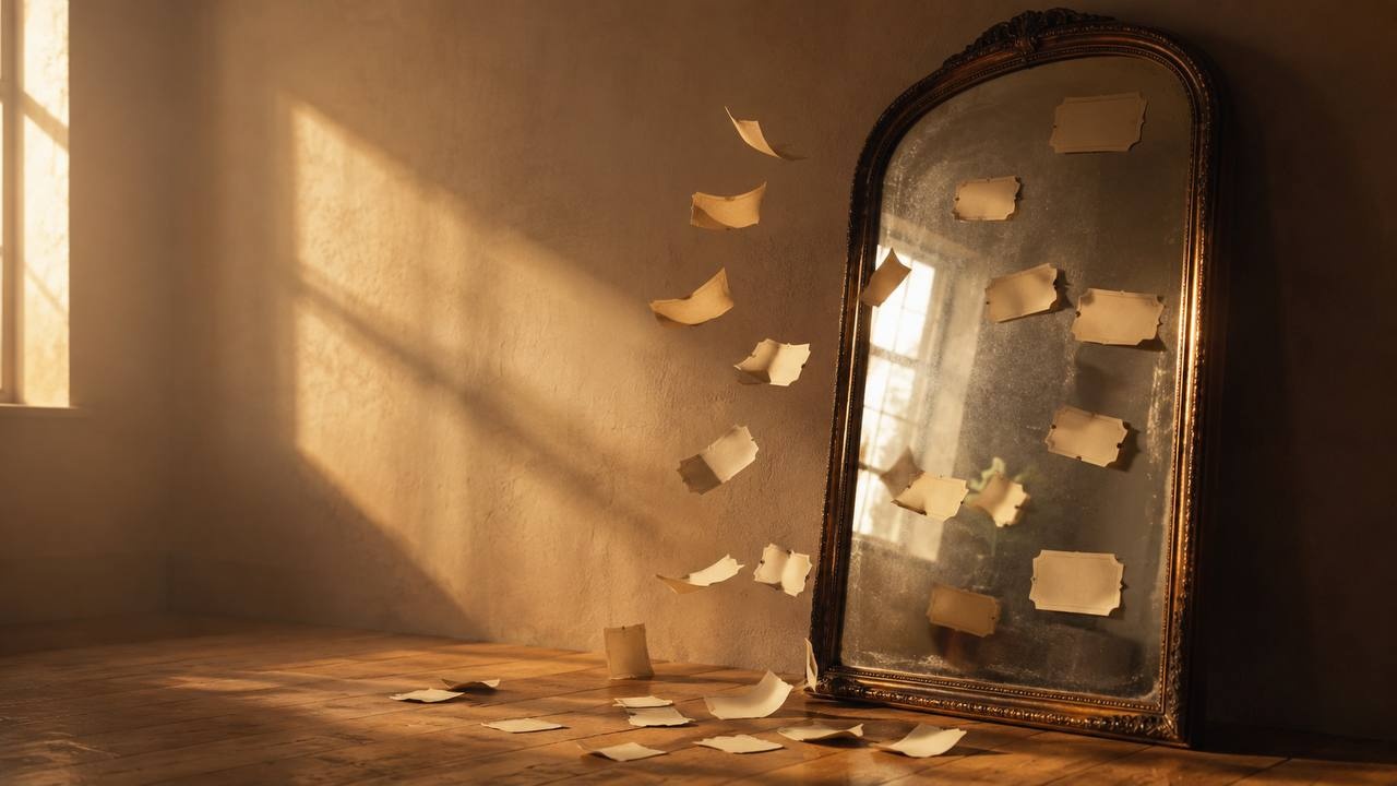 Espejo antiguo del que se despegan etiquetas de papel en blanco, con luz dorada cálida — Conocerte sin etiquetas