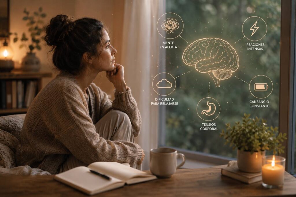 Señales de que el sistema nervioso vive en modo supervivencia: mente en alerta, reacciones intensas, dificultad para relajarse, cansancio constante y tensión corporal