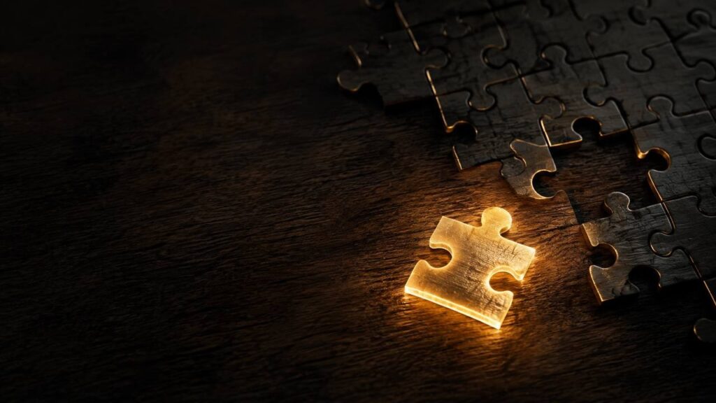 Pieza de puzzle luminosa en una mesa oscura: pertenecer no es encajar, es poder ser uno mismo