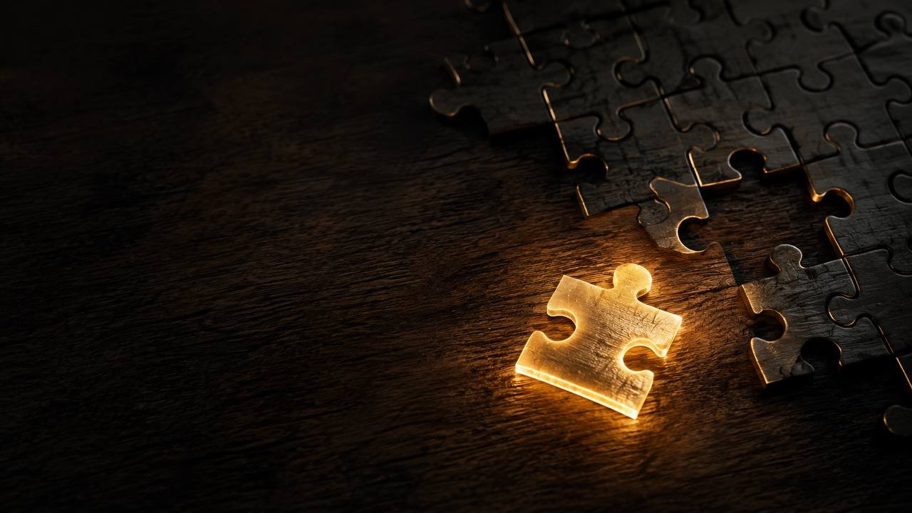 Pieza de puzzle luminosa en una mesa oscura: pertenecer no es encajar, es poder ser uno mismo