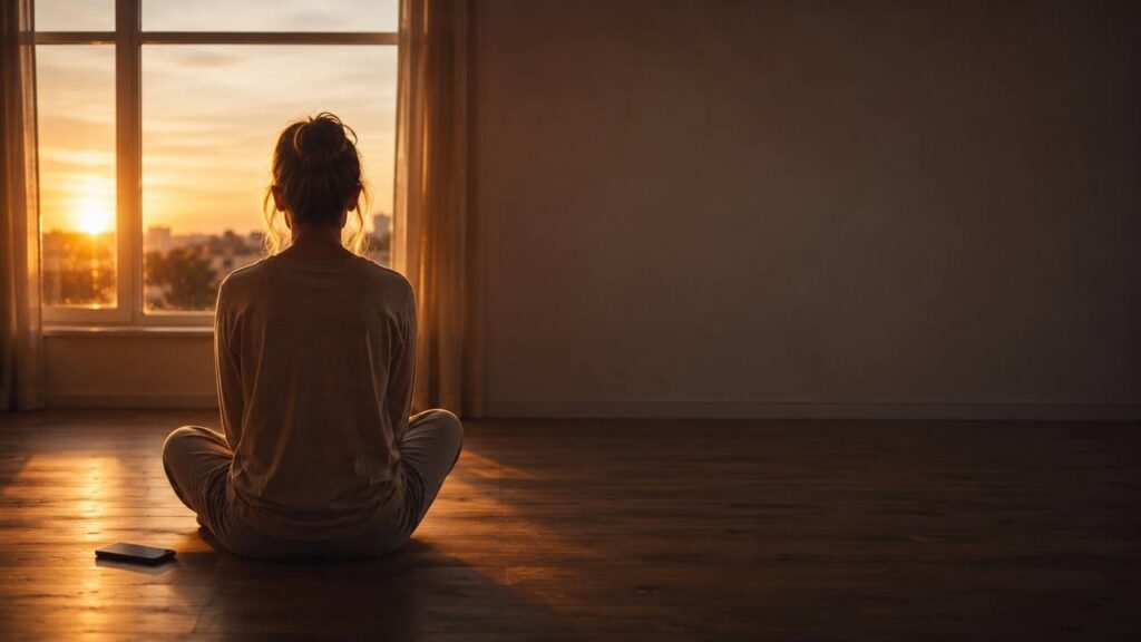 Mujer sentada en el suelo de una habitación vacía al atardecer, con un teléfono boca abajo a su lado, iluminada por la luz dorada de una ventana