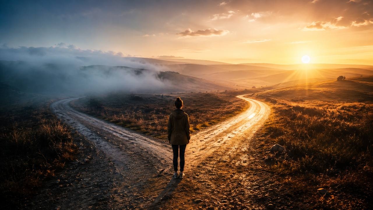 Persona en una encrucijada entre dos caminos, uno que se disuelve en la niebla y otro bañado en luz dorada, al amanecer