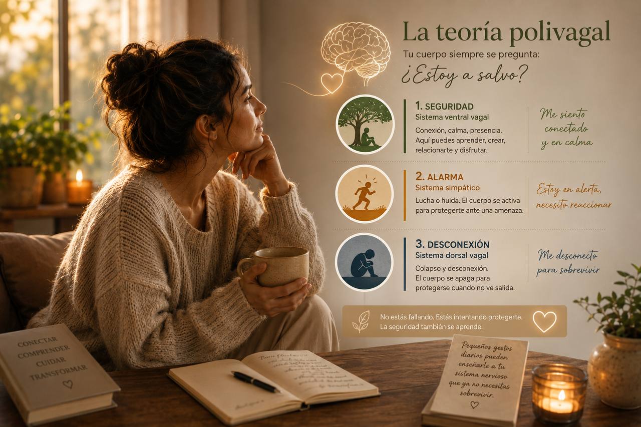 Infografía del cierre de la serie sobre la teoría polivagal: conectar, comprender, cuidar y transformar; la seguridad también se aprende