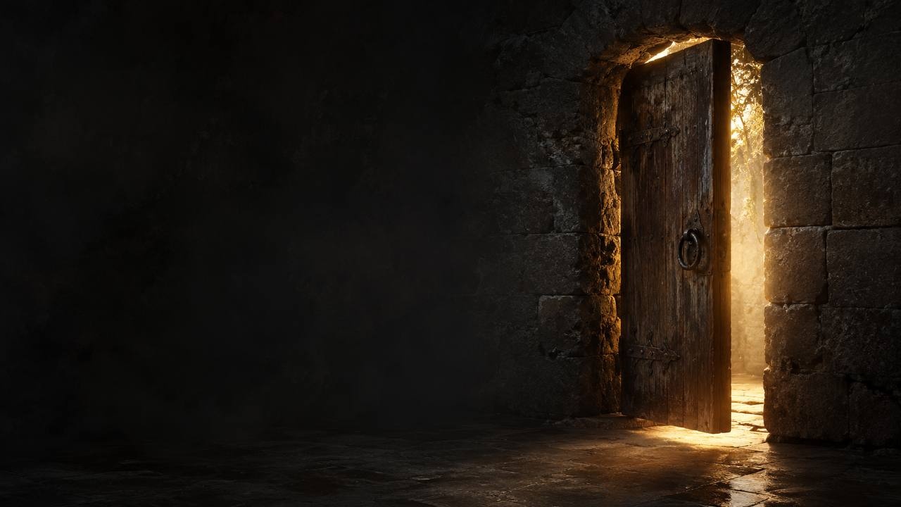 Pequeña puerta entreabierta en la oscuridad con luz dorada, símbolo de la vulnerabilidad y la conexión humana