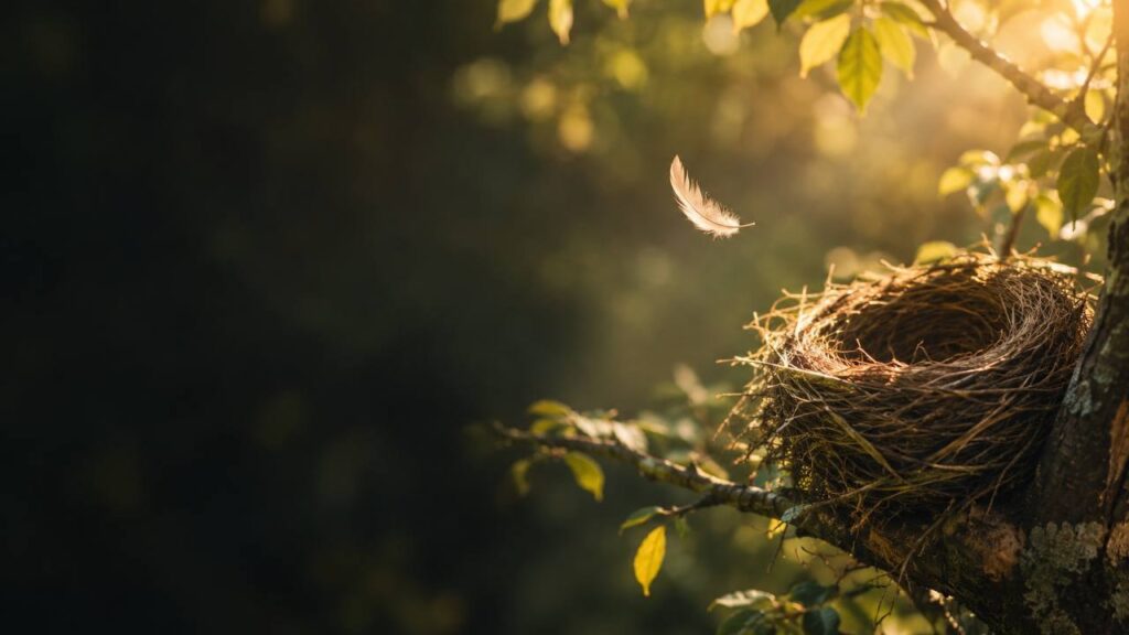 Nido vacío entre las ramas con luz dorada y una pluma flotando en el aire