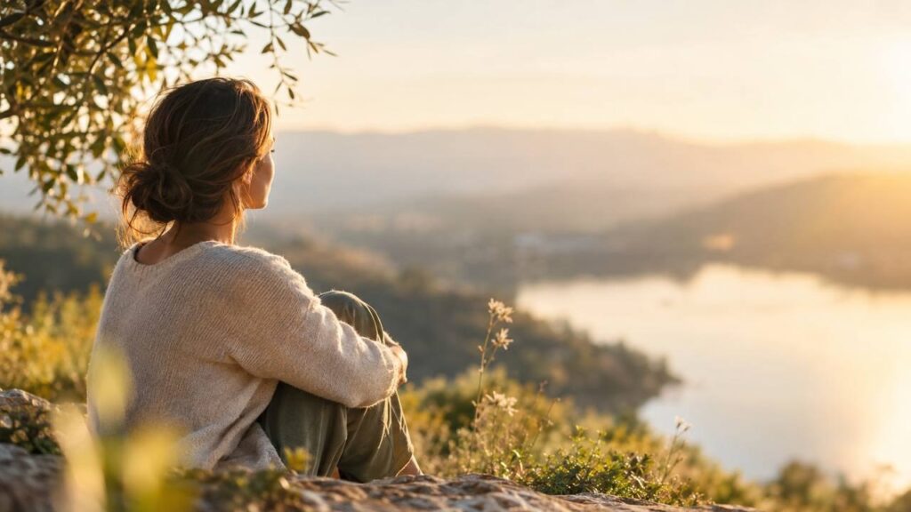 Mujer sentada contemplando un paisaje de montañas y agua al atardecer, en calma