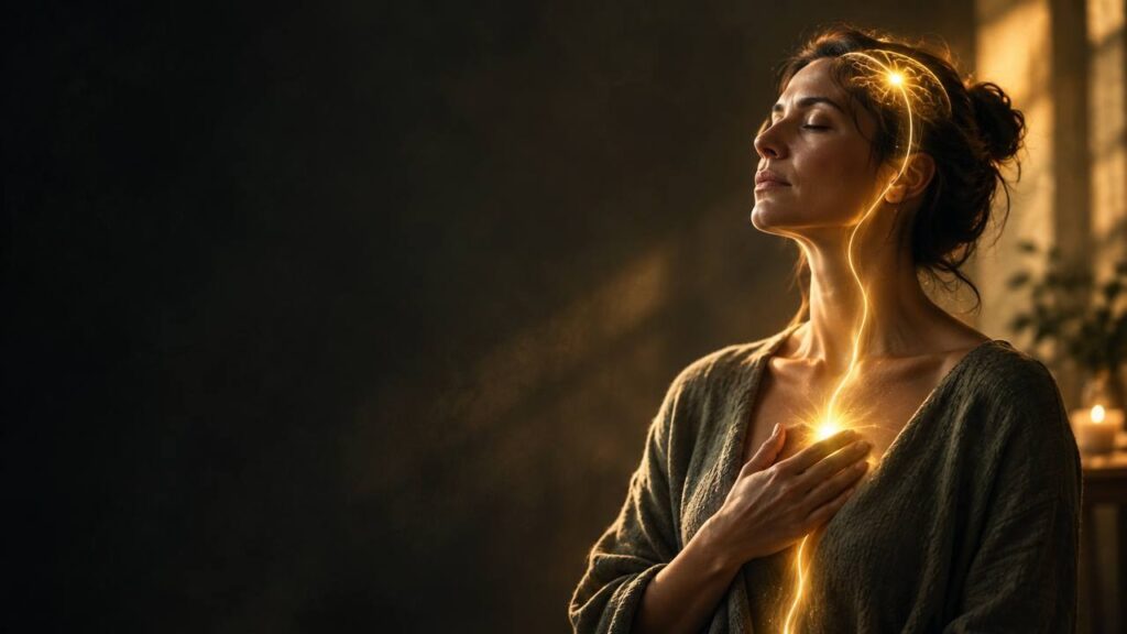 Mujer con la mano en el pecho y los ojos cerrados, con un hilo de luz dorada que conecta su corazón y su cabeza