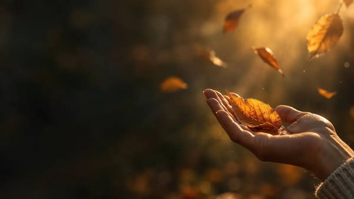 Una mano abierta sosteniendo una hoja de otoño, con otras hojas cayendo alrededor y luz dorada al fondo