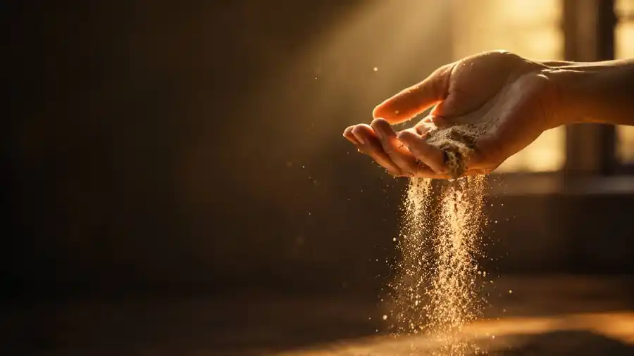 Una mano abierta soltando un puñado de arena que cae a la luz del sol